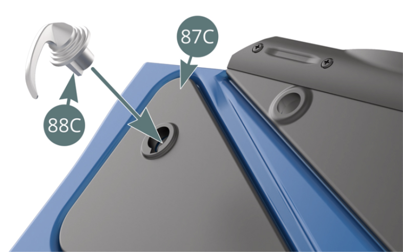 Positionner la poignée de fermeture 88C sur la garniture de portière 87C et la fixer sur le panneau intérieur de la portière droite 87A depuis l’autre côté avec une vis RP (illustrations ci-dessus).