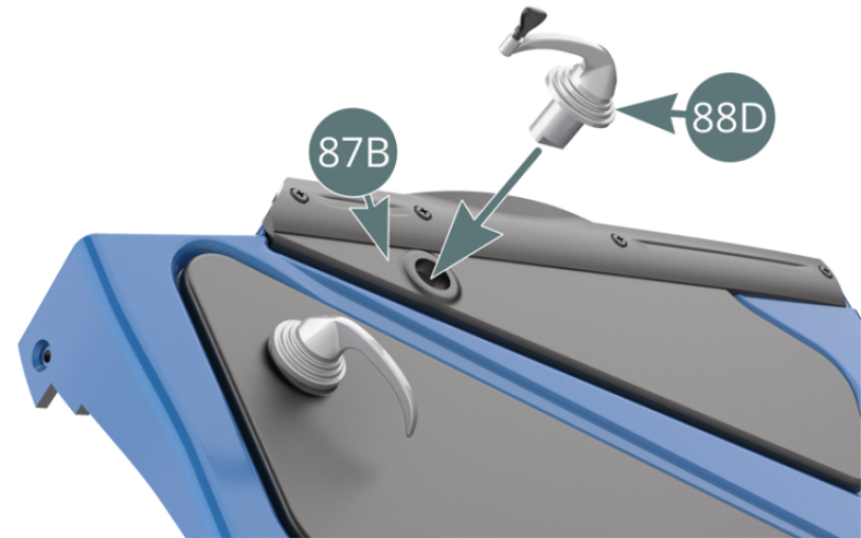 Position the window winder crank (88D) on the door trim (87B) then, from the other side, place the gear wheel (88B) on the notched end (red arrow) of the crank axle and secure the assembly with a UM screw. Check that by turning the crank (88D), the gear wheel (88B) also turns (illustrations above).