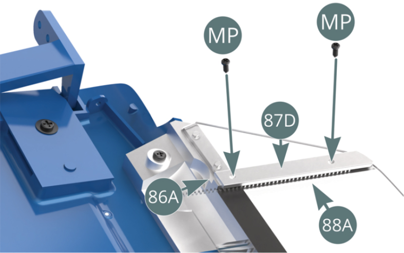 Position the attachment (87D) on the edge of the side window (88A) and the window frame (86A), then secure it with two MP screws, allowing the sliding movement of the window.