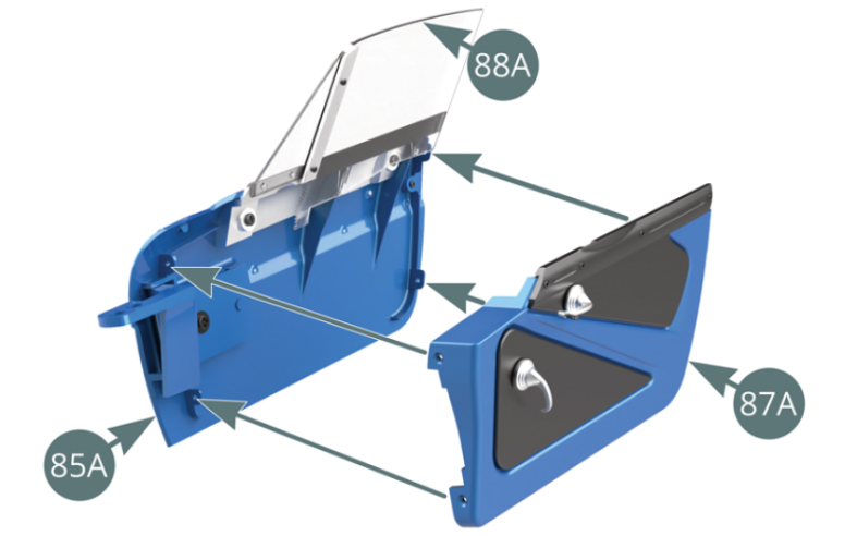 Placer la vitre latérale 88A en position relevée et positionner le panneau intérieur de la portière droite 87A sur le panneau extérieur de la portière droite 85A.