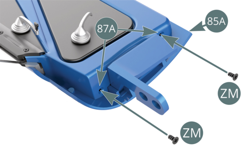 Attach the right inner door panel (87A) to the right outer door panel (85A) with two ZM screws at the front (illustration above) and two ZM screws at the rear (illustration below).