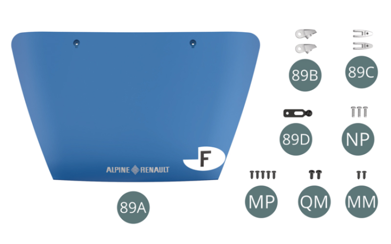 89A Capot moteur89B Charnière de capot (x 2)89C Support de charnière (x 2)89D Attache capot moteurNP Vis M 1,2 x 4 mm (x 3)MP Vis M 1,2 x 3 mm (x 5)QM Vis M 1,4 x 3 mm (x 2)MM Vis M 1,2 x 3 mm (x 2)