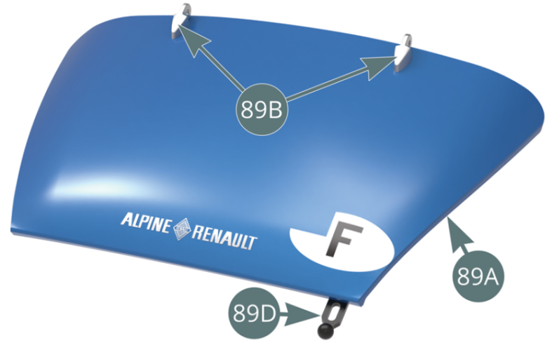 Die Motorhaube (89A) ist nun mit ihren Scharnieren (89B) und Halterungen (89D) montiert.