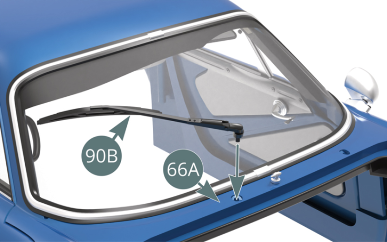 Positionner l’essuie-glace droit 90B (support court) à l’avant de la carrosserie 66A.Positionner l’essuie-glace gauche 90A (support long) à l’avant de la carrosserie 66A.