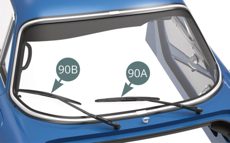 Les essuie-glaces gauche 90A et droit 90B sont positionnés à l’avant de la carrosserie.