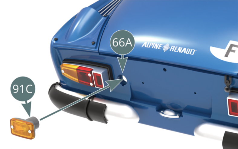 Position the reverse light housing (91C) on the left side of the rear body panel (66A).