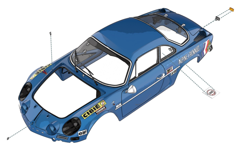 Retira la Pegatina de Rallye (91E) de su soporte de papel y pégala en el vidrio trasero izquierdo de la Carrocería (66A).