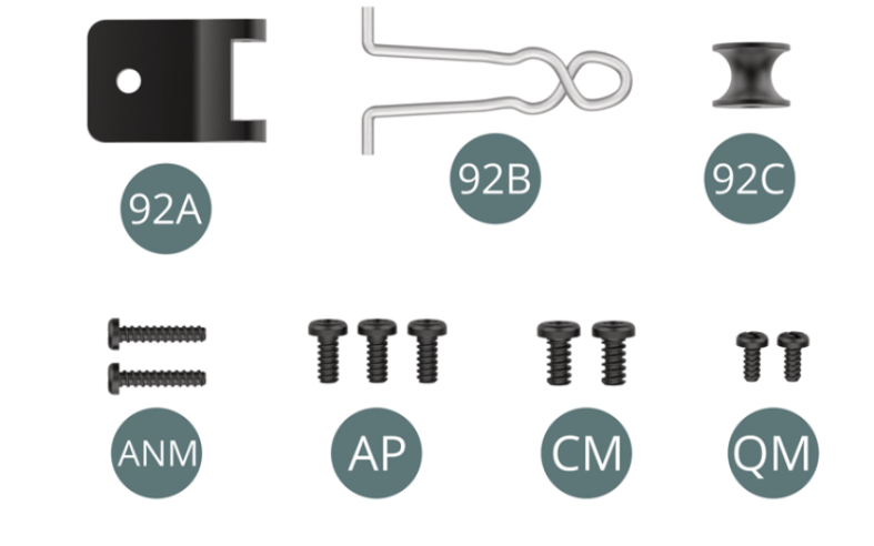 Tornillo AP M 1,7 x 4 mm (x 3) Tornillo CM M 2,0 x 4 mm (x 2) Tornillo QM M 1,4 x 3 mm (x 2) 