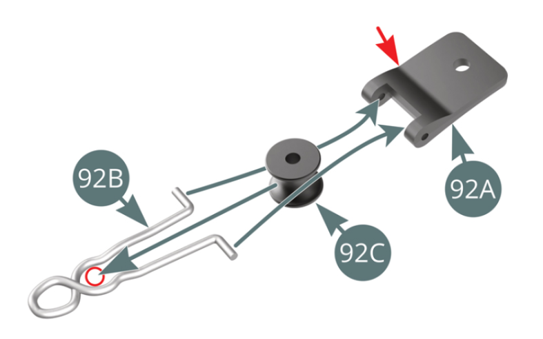 Engager le plot 92C dans le ressort 92B jusqu’à la position indiquée par le cercle rouge, puis placer les pattes du ressort 92B dans les logements prévus sur le support 92A.Vérifier le sens correct du support 92A (surface concave) indiqué par la flèche rouge.