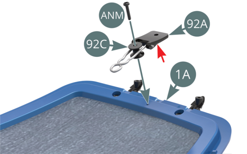 Position the bonnet bracket thus assembled at the front of the inner side of the bonnet (1A), then secure with an ANM screw through the support (92C). Check the correct direction of the bracket (92A) (concave surface) indicated by the red arrow.