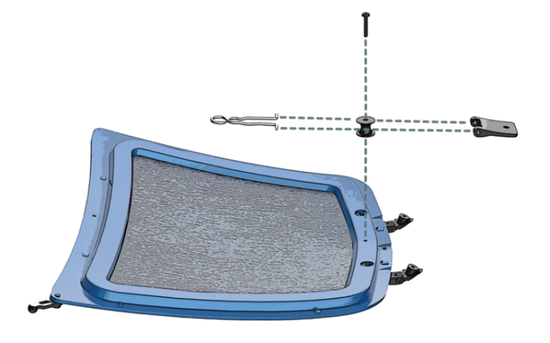 Half insert a QM screw on the left front wing of the body (66A). Hook the bonnet lock (1L) onto the head of the QM screw.