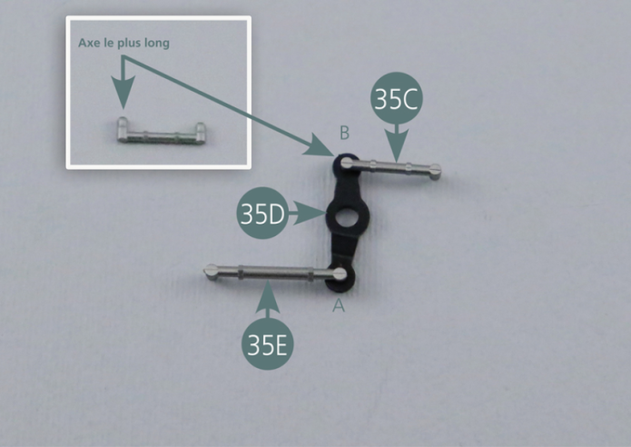 Place the accelerator rods (35C&35E) on the central rod (35D), taking care to distinguish between the two openings (A and B) located at the ends of the central rod.