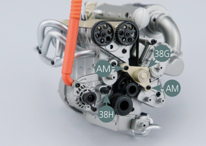 Position the pulley #3 (38G) and secure with two AM screws. Position the pulley #6 (38H) and secure it from the rear with an AP screw. 