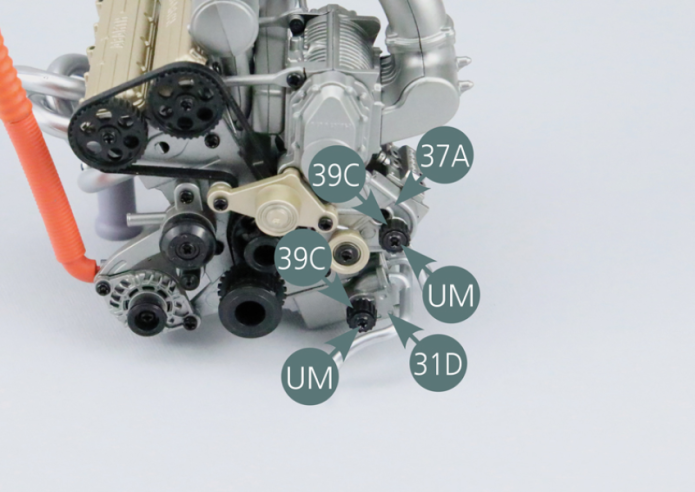 Position the two pulleys #9 (39C) on the front of the engine (37A) and on the oil pump (31D), then secure each of them with a UM screw. 