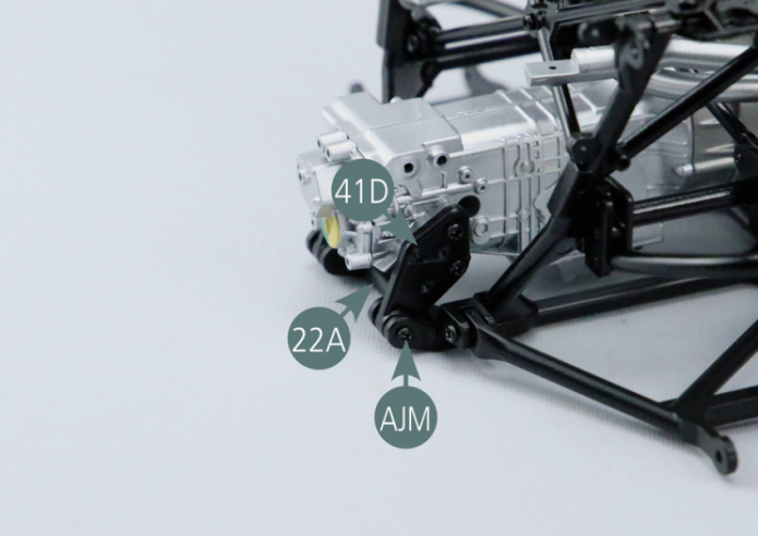 Place the right rear engine bracket (41D) on the rear chassis lower frame (22A) with an AJM screw.