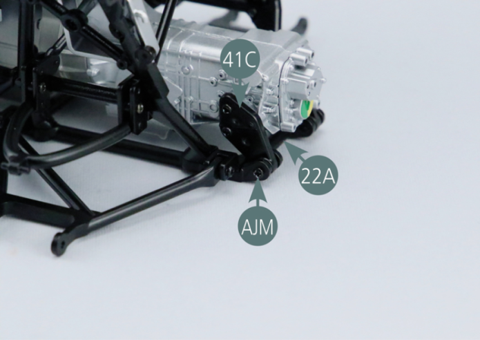 Then position the rear left engine bracket (41C) on the rear chassis lower frame (22A) with an AJM screw.