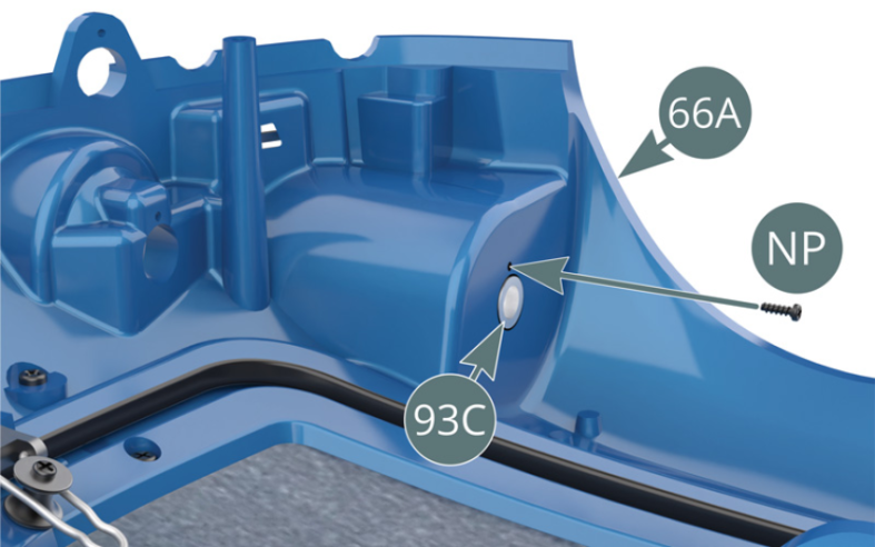 Fixer le boîtier de phare gauche 93C par l’arrière sur la carrosserie 66A avec une vis NP.