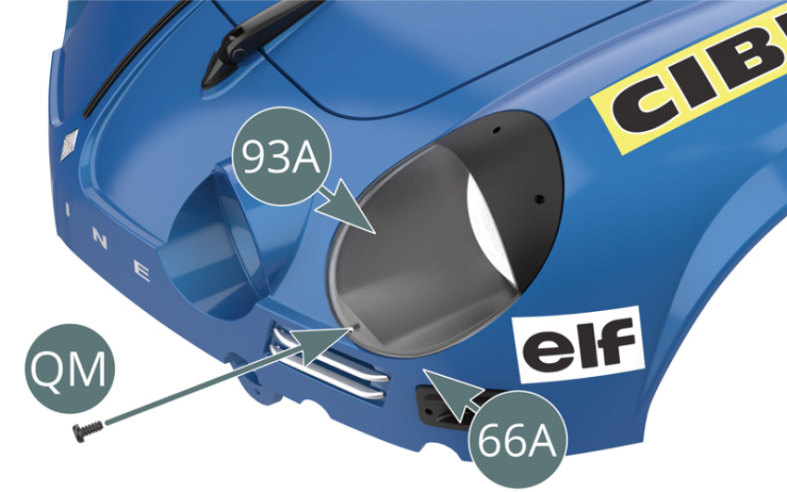 Affix the bottom of the fairing of the left headlight (93A) to the body (66A) using a QM screw. Be careful not to overtighten the screw, as this will split the headlight fairing. Fix the top of the left headlamp fairing (93A) to the body (66A) using two MM screws, making sure not to overtighten them to avoid splitting the headlamp bubble.