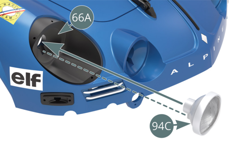 Positionner le boîtier de phare droit 94C sur la carrosserie 66A.