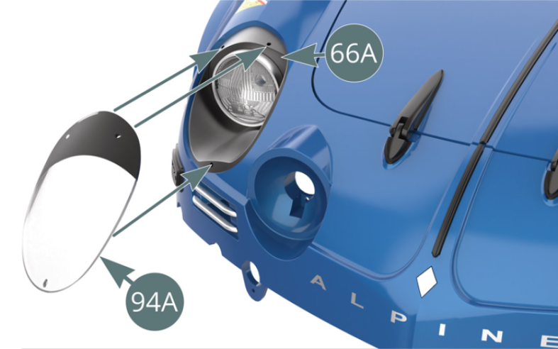 Position the fairing of the right headlight (94A) on the body (66A).