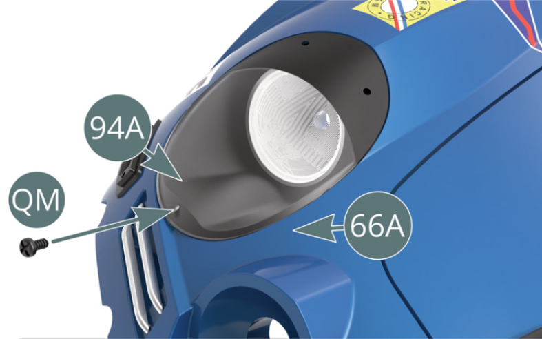 Affix the bottom of the fairing of the right headlight (94A) to the body (66A) using a QM screw. Be careful not to overtighten the screw, as this will split the headlight fairing. Fix the top of the right headlamp fairing (94A) to the body (66A) using two MM screws, making sure not to overtighten them to avoid splitting the headlamp fairing.