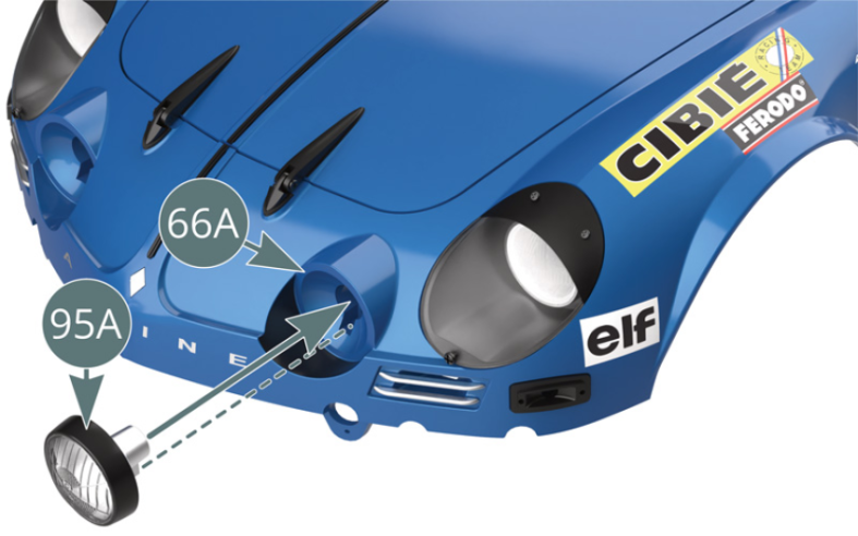 Position the left long-range headlamp (95A) in the housing provided on the body (66A). Secure the long-range headlamp (95A) from behind to the body (66A) using an NP screw.