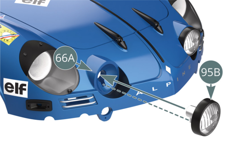 Position the right long-range headlamp (95B) in the housing provided on the body (66A). Secure the long-range headlamp (95B) from behind to the body (66A) using an NP screw.