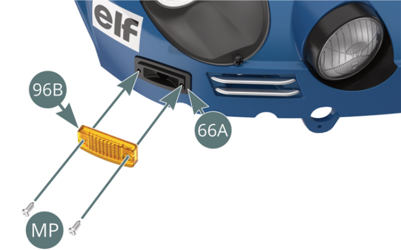 Posiciona la Lente de intermitente (96B) en el alojamiento previsto en el frente derecho de la Carrocería (66A) y asegúrala con dos tornillos MP. Posiciona la Lente de intermitente (96B) en el alojamiento previsto en el frente izquierdo de la Carrocería (66A) y fíjala con dos tornillos MP.