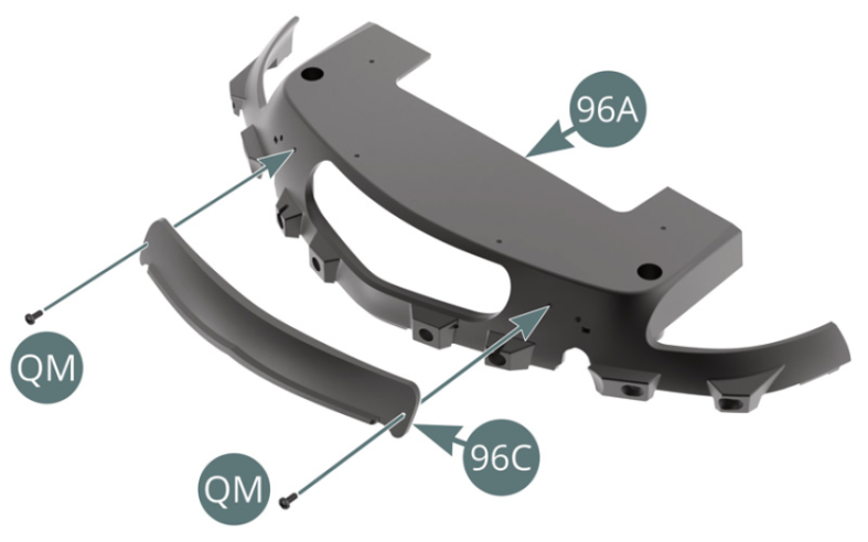 Positionner le protège-grille 96C sur le bas de caisse avant 96A et le fixer avec deux vis QM.Plier la grille 96D pour l’adapter à la courbure de la paroi intérieure du bas de caisse avant 96A.