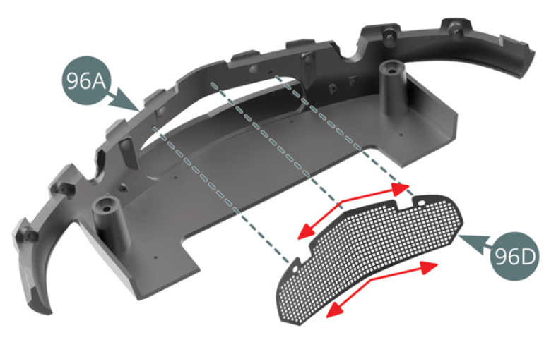 Fixer la grille 96D sur la paroi intérieure du bas de caisse avant 96A avec deux vis QM.