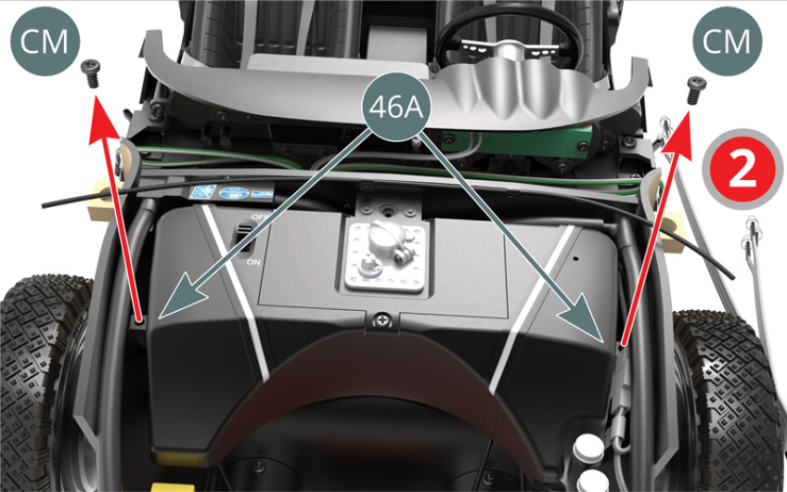 Release, remove and set aside for use at a later stage the two CM screws located on the side tabs of the fuel tank (46A).