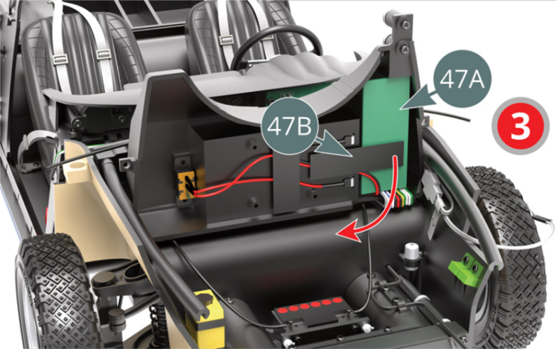 Détacher le ruban adhésif 47B du circuit imprimé 47A et retirer celui-ci.Repérer la prise marquée H sur le circuit imprimé 47A et débrancher le câble H 47J (rouge-noir).Brancher l’une des extrémités de l’extension de câble H 96E sur le câble H 47J précédemment débranché, puis l’autre extrémité sur le circuit imprimé 47A.Remonter le circuit imprimé 47A et le réservoir d’essence 46A en suivant en sens inverse les instructions 3 et 2 indiquées par une flèche rouge.