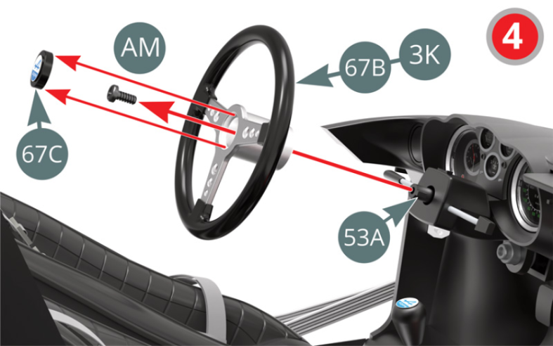 Retirer l’écusson de volant 67C en faisant levier puis dévisser et mettre de côté pour plus tard la vis AM. Retirer le volant 67B (ou 3K) et veiller à maintenir les roues avant bien droites.