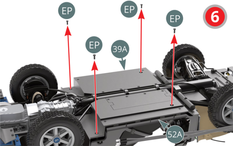 Unscrew and save the four EP screws, then detach the cabin floor (52A) from the chassis floor (39A).