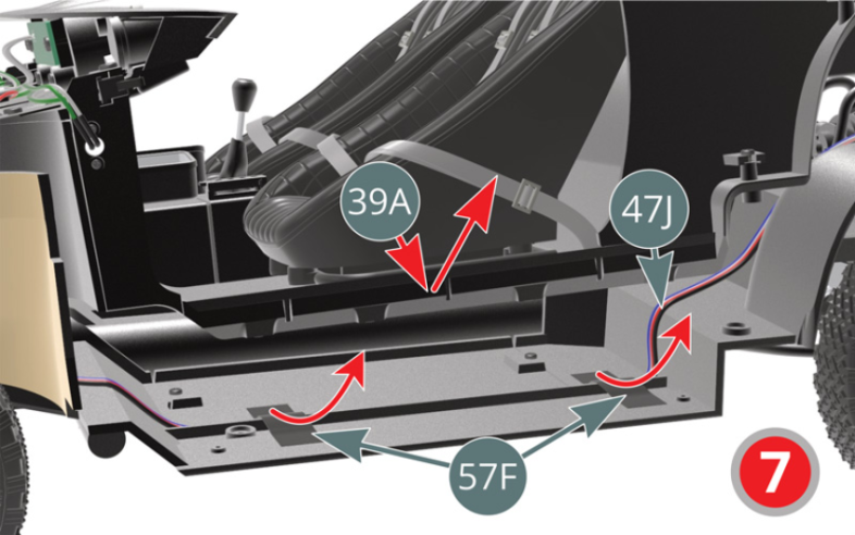 Lift, retract and tilt the chassis floor (39A) to access and remove the two adhesive tapes (57F) holding the cable H (47J) (red-black). Gently pull back the cable H (47J) (red/black) so as to tension it as much as possible. Refit the chassis, cabin floor and steering wheel, following instructions 7, 6, 5, 4 and 1 in reverse order, indicated by a red arrow. Use adhesive tape (96F) if necessary.