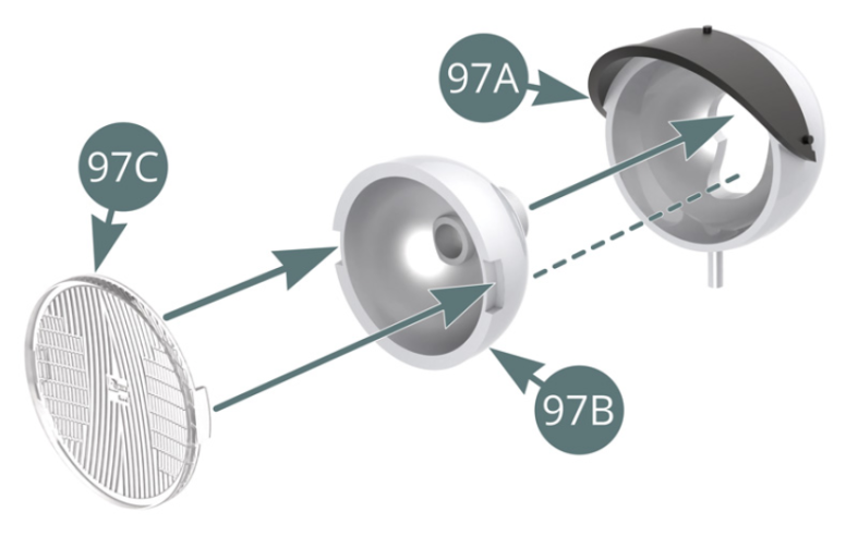 Position the headlight lens (97C) on the reflector (97B) and fit the reflector into the left fog light housing (97A). Turn the body (66A) over, place the fog light into position and secure with an NP screw through the reflector (97B).