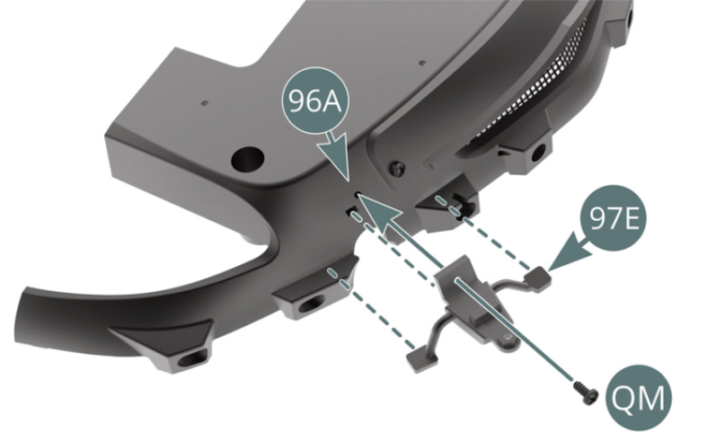 Position the left fog light bracket (97E) on the left side of the front rocker panel (96A) and secure it with a QM screw.