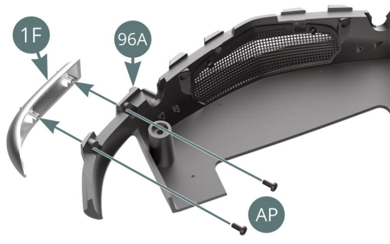 Place the left front bumper (1F) on the front rocker panel (96A) and secure it with two AP screws. Position the left bumper rubber (1H) on the front rocker panel (96A) and secure it with a TP screw.