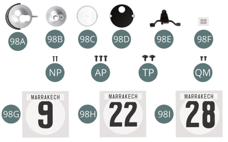 98H Pegatina de puerta coche #22 (x 4) 98I Pegatina de puerta coche #28 (x 4) Tornillo NP M 1.2 x 4 mm (x 2) Tornillo AP M 1.7 x 4 mm (x 3) Tornillo TP M 1.7 x 4 x 5.5 mm (x 2) Tornillo QM M 1,4 x 3 mm (x 2) 