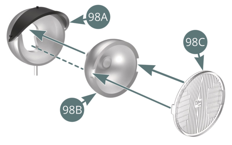 Position the headlight lens (98C) on the reflector (97B) and fit the reflector into the right fog light housing (98A). Turn the body (66A) over, place the fog light into position and secure with an NP screw through the reflector (98B).