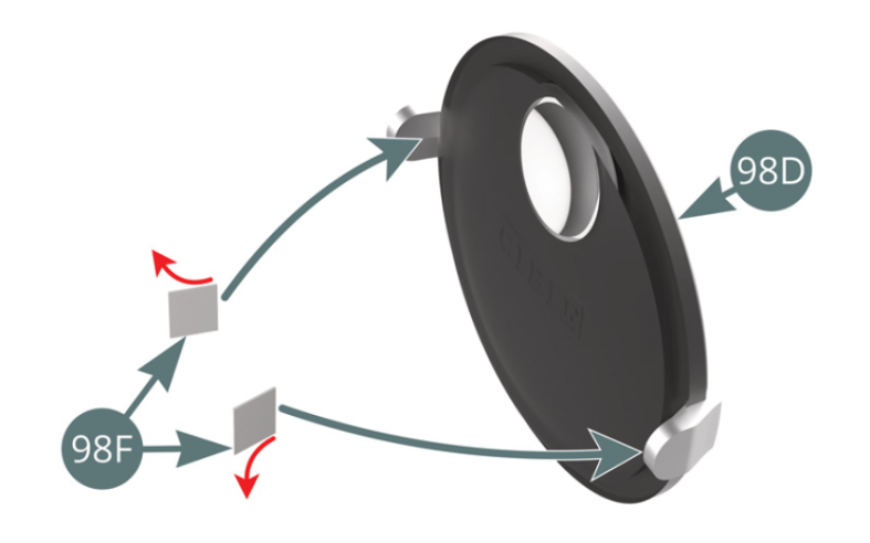 Remove the paper backing (on one side only) from two double-sided adhesive tapes (98F) and attach them to the inside of the covers (98D). Then remove the backing paper of the other side of the two adhesive tapes (red arrows) and attach the cover (98D) to the left fog light housing (98A) (illustrations above).