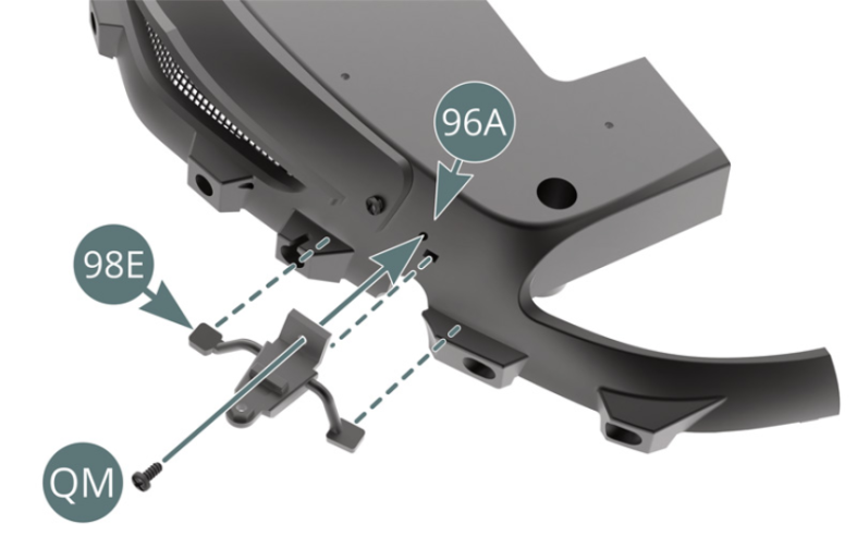 Position the right fog light bracket (98E) on the left side of the front rocker panel (96A) and secure it with a QM screw.