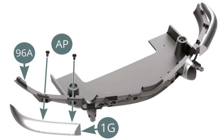 Place the right front bumper (1G) on the front rocker panel (96A) and secure it with two AP screws. Position the right bumper rubber (1J) on the front rocker panel (96A) and secure it with a TP screw.