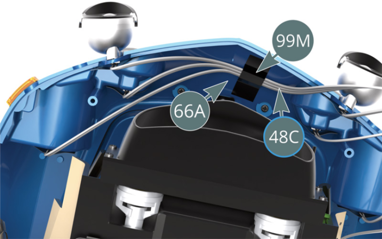 Then attach the longest cable (48C) to the inside of the front of the body (66A) with adhesive tape (99M). At the rear of the car, connect cable H (47J) (red-black) into the slot on the inside of the rear body panel (66A), then secure the cable with adhesive tape (99M).