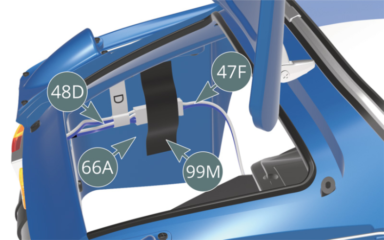 Connect cables D (48D&47F) (blue-white) then secure them to the left rear inner wall of the engine compartment with adhesive tape (99M). Carefully bring the body and chassis together, then open the engine cover and attach the two oil lines (7D) (highlighted in red and green) to the side of the oil cooler fan housing (76A).