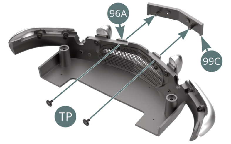 Position the license plate holder (99C) on the front rocker panel (96A) and secure with two TP screws.