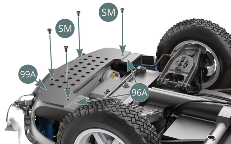 Position the engine protection plate (99A) on the front rocker panel (96A) and secure with four SM screws. Position the transmission protection plate (99B) on the oil pan and transmission (4E), then secure it with two AP screws.