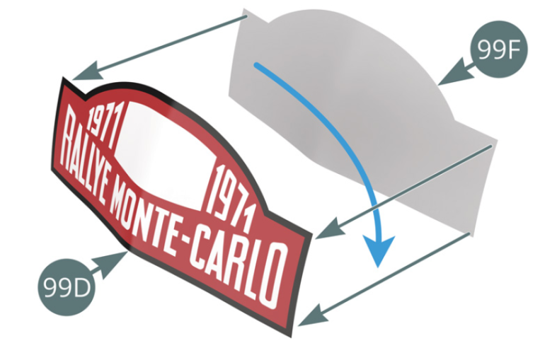 Détacher l’un des supports papier de l’adhésif double-face 99F et fixer celui-ci à l’arrière de la plaque de rallye avant 99D.Plier légèrement la plaque de rallye avant 99D pour l’adapter à la courbure de l’avant de la carrosserie 66A. Détacher l’autre papier support de l’adhésif double-face et fixer la plaque de rallye avant sur la carrosserie 66A.