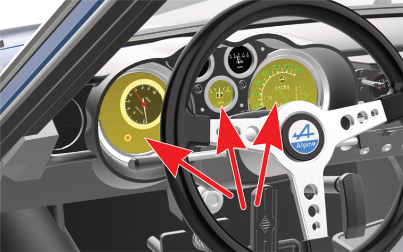 Check that the dashboard instrument backlight functions (red arrows). Push the gear lever (55E) down to verify that the reverse light switches on.