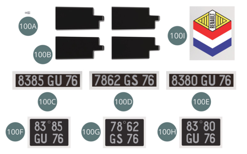 100F Pegatina de placa de matrícula trasera coche #9 (x 2) 100G Pegatina de placa de matrícula trasera coche #22 (x 2) 100H Pegatina de placa de matrícula trasera coche #28 (x 2) 100I Pegatina de techo coche #28 (x 2) 